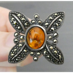 Beautiful Vintage Sterling Silver 925 Marcasite & Amber Brooch Pin 6g Thailand